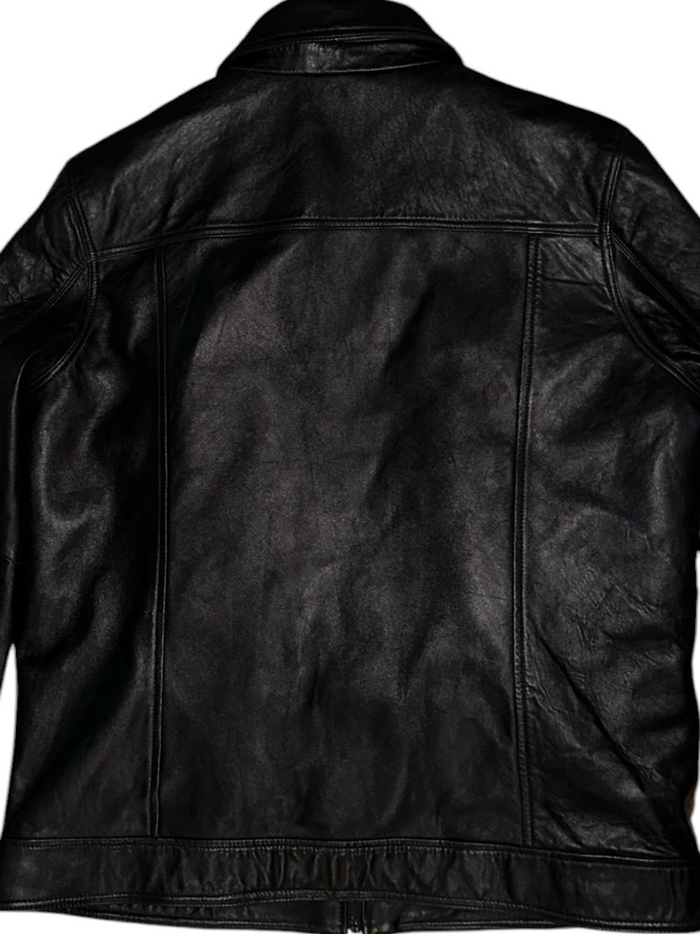 Perry Ellis Portfolio black leather jacket featuring a quilted interior lining - Picture 14 of 17